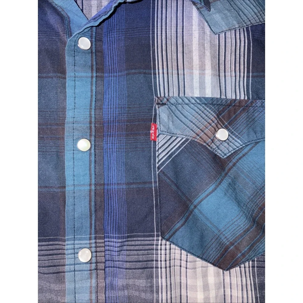 Levis Mens L Long Sleeve Western Snap Up Shirt Blue Gray Black Plaid